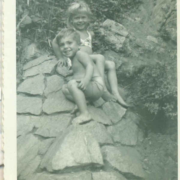 1960s Climbing Rocks Blonde Brother Sister in Bikini Little Kids Summer Fun 60s Vintage Photograph Black White Photo