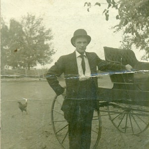 Rooster Photobomb Howard Sanding With Horse Buggy Outside Farm 1910s RPPC Postcard Vintage Photo Photograph