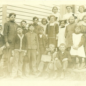 Class Photo Kids Standing Outside Teacher Chalkboard Boys Girls Antique RPPC Real Photo Postcard