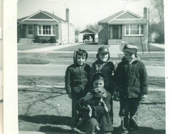 1940s Kids Outside Holding Dog Winter Coats Hats Boys Girl Photo Black White Photograph