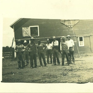 Farmers Men in Overalls Red Barn Antique RPPC Real Photo Postcard Photograph Black White Photo