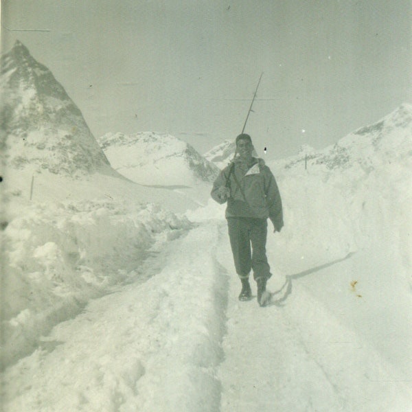 1940s Alaska WW2 Army Soldier Fishing Pole Halibut Rod in Spring Snow Vintage Photo Photograph