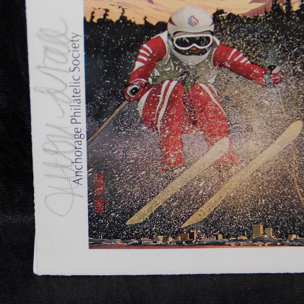 1988 Anchorage Alaska Byron Birdsall Signed Winter Olympics Stamp FDC Cachet Cover Envelope Downhill Skiier Art Artist