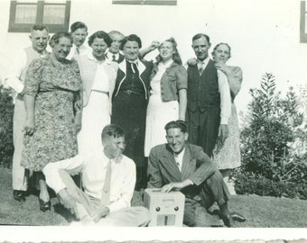 1940 Family With Radio Outside Group Picture Vintage Black White Photo Photograph