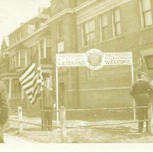 WW1 Chas E McCleary American Legion Post Hyde Park IL Veterans Soldiers With Sign Antique Vintage Photo Snapshot Black White Photograph