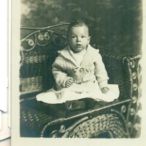 The Talker Baby Boy Sitting Watching Side Eye 1910s Antique RPPC Real Photo Postcard Studio Portrait
