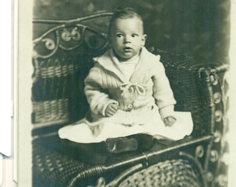 The Talker Baby Boy Sitting Watching Side Eye 1910s Antique RPPC Real Photo Postcard Studio Portrait