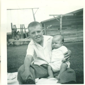 1950s Big Brother Holding New Baby Sitting Outside Backyard 50s Vintage Photograph Black White Photo
