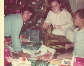 Christmas Morning 1973 Dad Handing Out Presents Kids PJs Gifts Tree 70s Vintage Photograph Color Photo