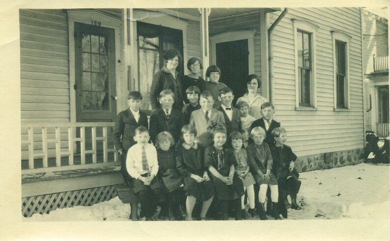 1925 Sunday School Class Kids Teacher Standing Outside Sitting Porch Winter Snow Antique Vintage Black and White Photo Photograph image 1