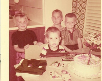 1955 Birthday Boy with Toy Gun Cake Kodacolor Print 50s Vintage Photograph Color Photo