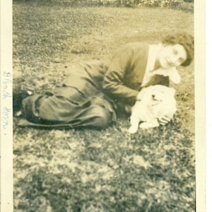 Blanch Horn and Dog Beauty Lady Laying with Happy Puppy in Grass 1910s RPPC Real Photo Postcard Photograph Black White Photo