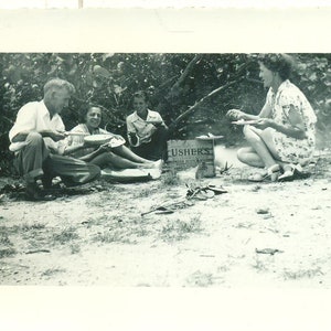1940s Woman Eating Outside in Pretty White Dress USHERS Crate Table Photo Black White Photograph