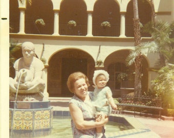 1972 Grandma Holding Baby at Fountain Indian Pottery Jug Statue 70s Vintage Photograph Color Photo