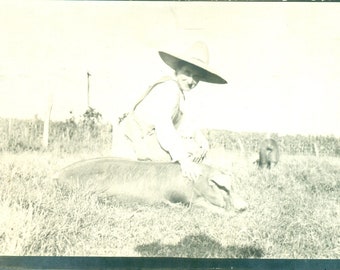 Happy Pig Laying in Sun Getting Pets from Smiling Woman Sun Hat Hog Farm Antique RPPC Real Photo Postcard