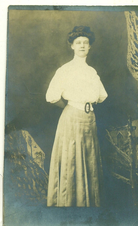 1900s Woman Portrait Standing in Corset Waist Dress RPPC Antique Vintage Photograph Black White Sepia Photo