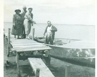A Great Day Fishing Holding Fish on String Boat at Dock on Lake 1957 Photo Vintage Black and White Photograph