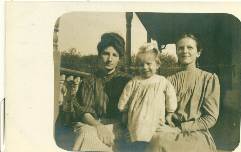 Happy Little Farm Girl Standing Mother Grandmother Apron Dress RPPC Real Photo Postcard Photograph Black White Photo