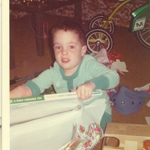 1960s Christmas Boy Opening Gifts Toys Tricycle 60s Vintage Photograph Color Photo