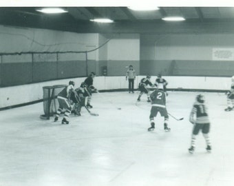 Hockey Game School Boys Kids Playing on Ice Skates Vintage Black and White Photo Photograph