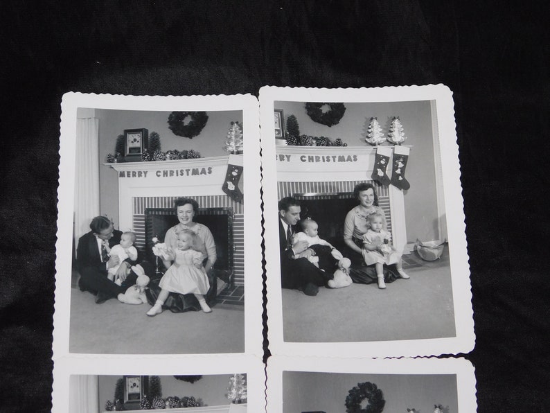 1950s 4 Attempts Family Christmas Photos With Baby Parents Fireplace Black White Photographs