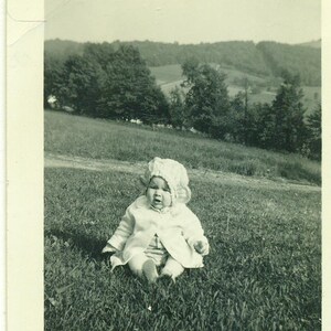 1940s Mountain Baby Sitting on Grass Meadow Fields 40s Photograph Black White Photo