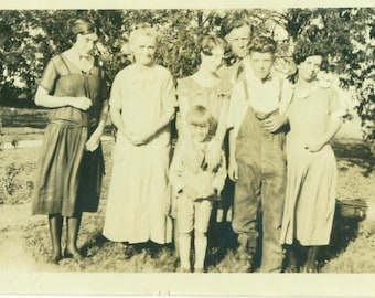 1920s Farm Family Group Picture Overalls Boys Women Dress Men Kids 20s Vintage Photograph Black White Photo