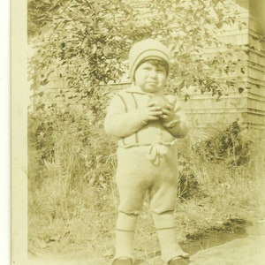 1920s Toddler Boy Holding Ball Toy Bundled Up hand Knit Outfit 20s Antique Photograph Black White Photo