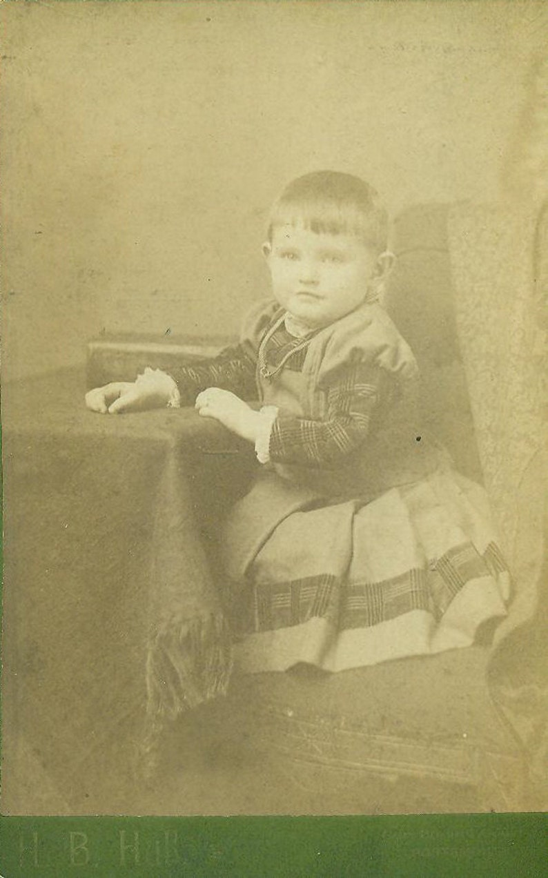 Portsmouth Ohio LIttle Girl Plaid Dress Boy Child Antique Photo Cabinet Card Portrait Studio Photograph image 1