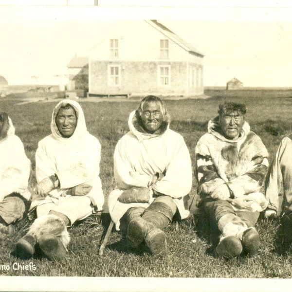 Alaska Eskimo Chiefs Men Summer Parka Sealskin Muklucks Inuit RPPC Real Photo Postcard Vintage Photograph