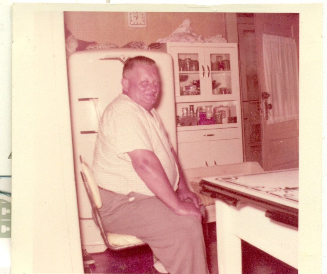1957 Overweight Heavy Set Man Sitting Kitchen Table Ready to Eat in a