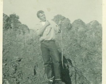 1950s Man Holding Large Snake on Mt Diablo CA Vintage Black and White Photo Photograph