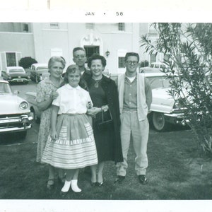 1958 American Family Teen Girl Boy Flattop Haircut Cars 50s Vintage Photograph Black White Photo