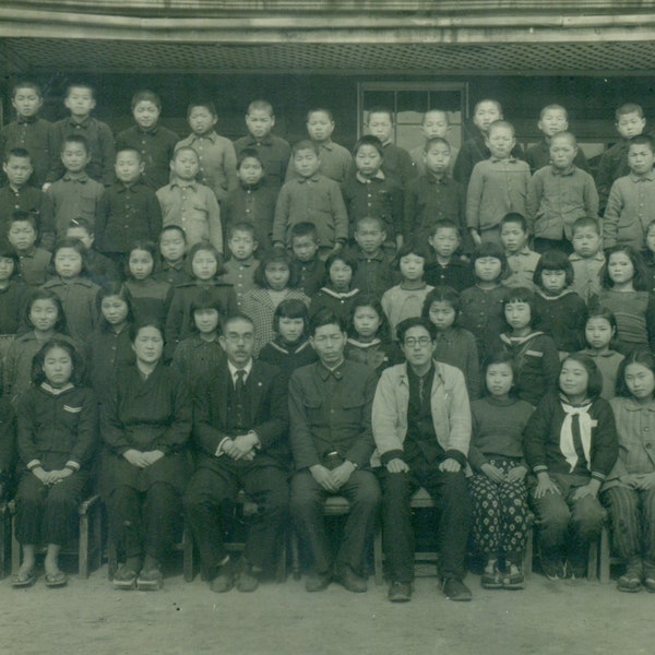 1930s Japan School Class Photo Boys Girls Teachers Outside Steps Vintage Black White Photo Photograph Vintage