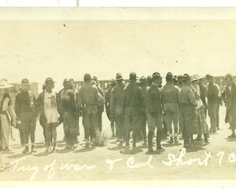 Fort Bliss Field Meet Tug Of War Soldiers & Col Short WW1 Era RPPC Real Photo Postcard Photograph Black White Photo