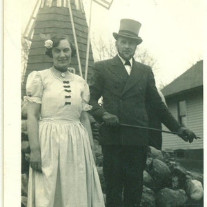 1935 Couple in Victorian Costume Dress Husband Wife Windmill Party 30s Vintage Photograph Black White Photo