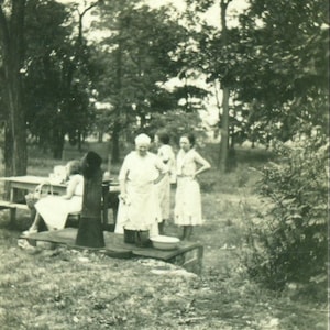 Grandmother Cooking on Outdoor Wood Stove Summer Picnic 1920s Vintage Photo Black and White  Photograph