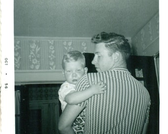 1956 Sad Toddler Boy After Cry Held By Dad 1950s Black White Photo Photograph Vintage