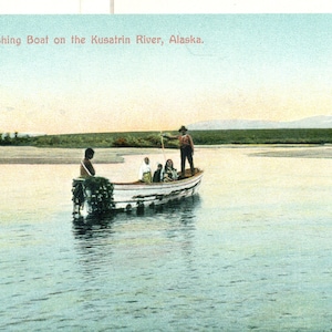 1900s Alaska Eskimo Fishing Boat On Kusatrin River Antique Color Postcard Unmailed