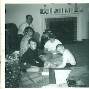 1967 Boys Playing a Board Game on Living Room Floor 60s Photo Black White Photograph