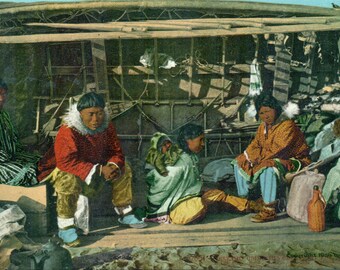 Alaska Eskimo Family Sitting Inside Whaling Boat Camp Men Women Baby Inuit Antique Color Postcard Unmailed