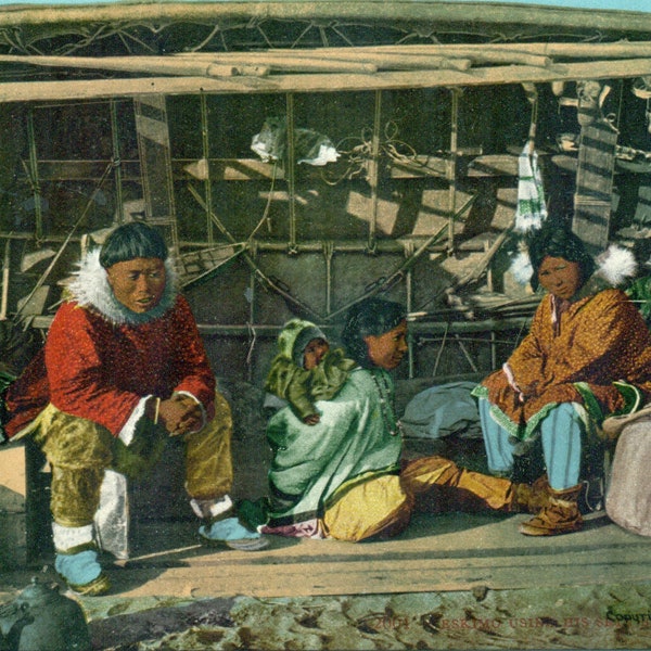 Alaska Eskimo Family Sitting Inside Whaling Boat Camp Men Women Baby Inuit Antique Color Postcard Unmailed