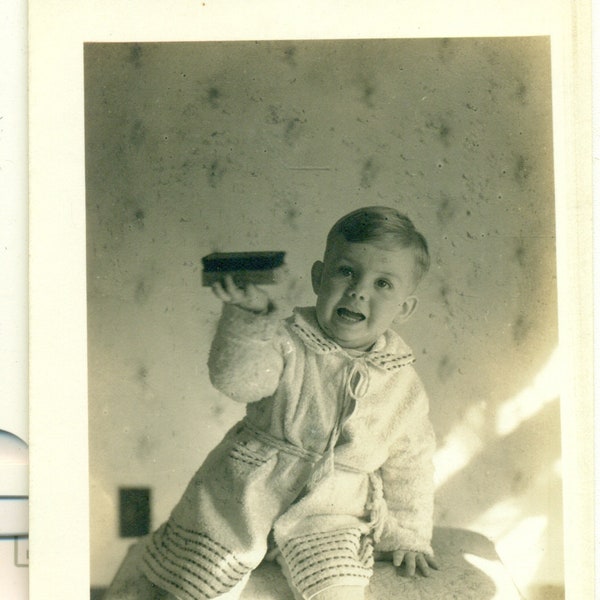 1920s Toy Train Car Toddler Boy Showing Off Talking Antique Photo Black White Photograph