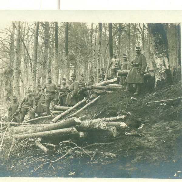 WW1 Soldiers Standing in Forest Log Trees Battlefield World War 1 French RPPC Real Photo Postcard