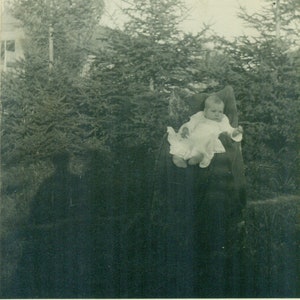 Unsure Baby Propped on Big Chair Outside Pine Trees 1910s RPPC Real Photo Postcard Photograph