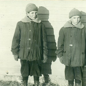 Boys of Winter Bundled Up Coats Hats Mittens Boots 1910s Antique RPPC Real Photo Postcard Photograph