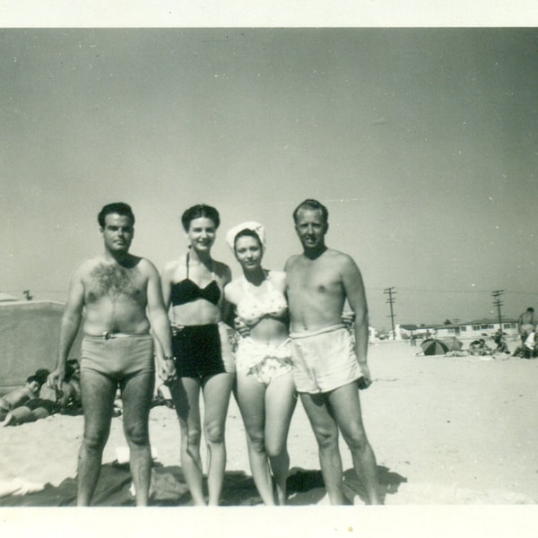 1950s The Hairy Guy At The Beach Bikini Ladies Vintage Black White Photo Photograph