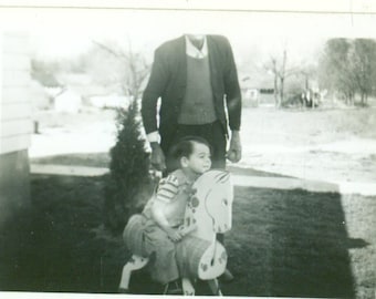 Rocking Horse Little Boy Riding Wooden Toy 1930s Antique Vintage Black White Photo Photograph