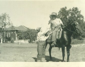 Vintage 40s 50s Cowboy Riding Horse With Wife Western Snapshot Photo Photograph Black Horse Farm Saddle