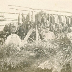 Antiquités Eskimo d'Alaska, garçons debout sous un séchoir à poisson, Inuit de l'été, photographie vintage